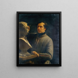 Jean-Pierre Dantan 1800-1869 sculptor modeling the bust of Prignon - Alexis-Joseph Prignon — framed artwork on a wall
