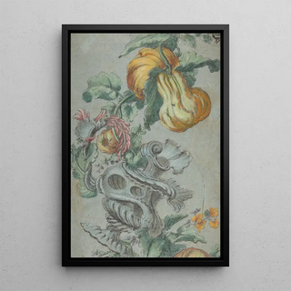 Artistic print of a decorative motif with fruits and flowers - Alexis Peyrotte — framed artwork on a wall