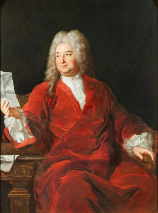 Portrait painting of a seated man wearing a red coat and holding a letter - Alexis Simon Belle — artwork view