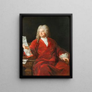 Portrait painting of a seated man wearing a red coat and holding a letter - Alexis Simon Belle — framed artwork on a wall