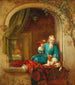 a boy at the window with a small dog and a parrot - Alexis Van Hamme — artwork view