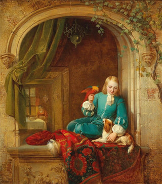 a boy at the window with a small dog and a parrot - Alexis Van Hamme — artwork view