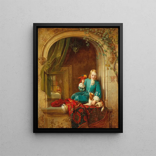 a boy at the window with a small dog and a parrot - Alexis Van Hamme — framed artwork on a wall