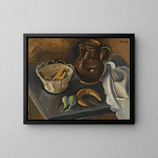 Nature morte avec panier blanc - Alfréd Justitz — framed artwork on a wall