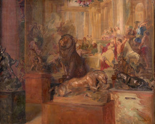 Museum hall with Barye sculptures in front of a tapestry - Alfred Nicolas Martin — artwork view