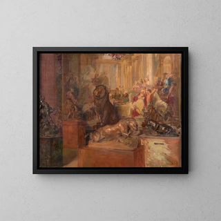 Museum hall with Barye sculptures in front of a tapestry - Alfred Nicolas Martin — framed artwork on a wall