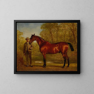 M. W. James Holden with his favorite horse in a landscape - Alfred Chantrey Corbould — framed artwork on a wall