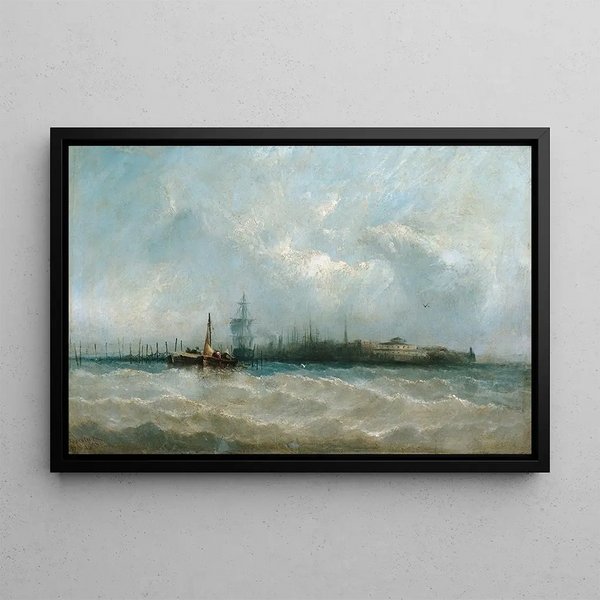 New York depuis le port montrant Battery et Castle Garden - Alfred Copestick — framed artwork on a wall