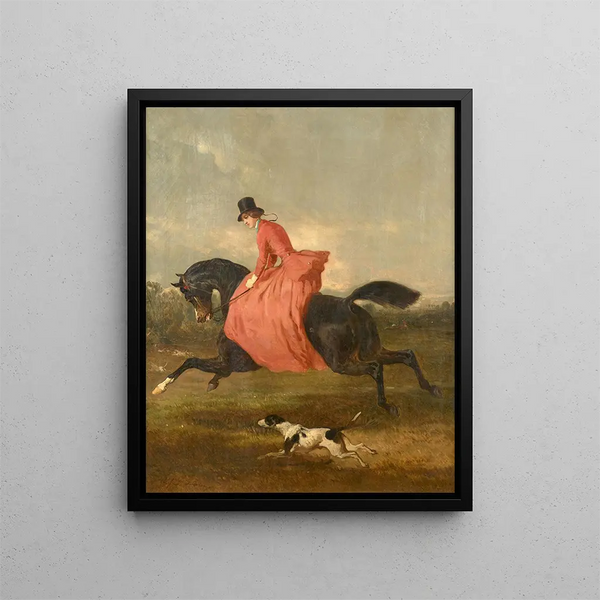 an Amazon in a red dress in a landscape - Alfred de Dreux — framed artwork on a wall