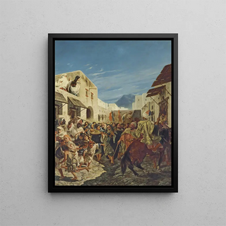 Jewish musicians in the streets of Tetouan - Alfred Dehodencq — framed artwork on a wall