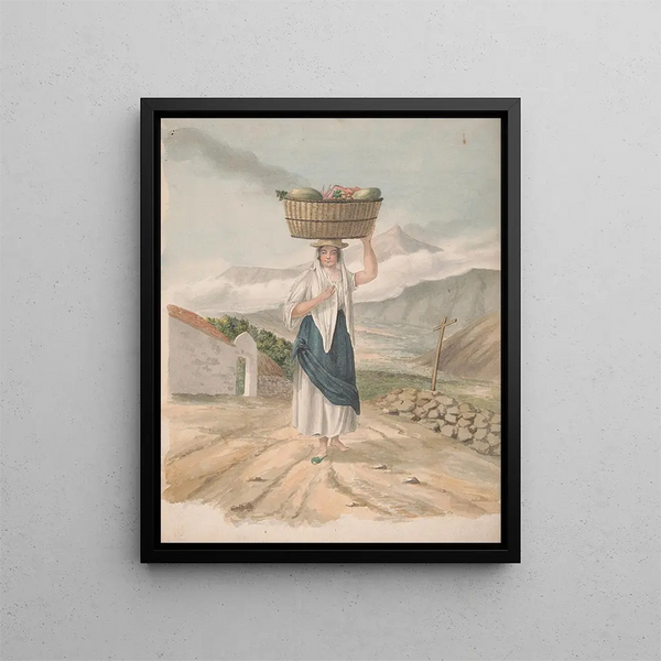 Female hawker painting of Port Orotava - Alfred Diston — framed artwork on a wall