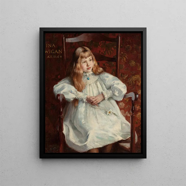 Portrait painting of Ina Wigan at the age of eight - Alfred Hartley — framed artwork on a wall