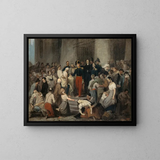The Duke of Orléans visiting the sick at the Hôtel-Dieu during the cholera epidemic in 1832 - Alfred Johannot — framed artwork on a wall