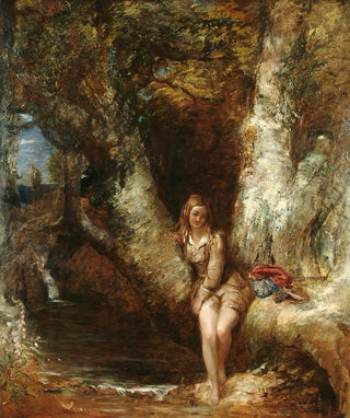a girl sitting in front of a wooded pool - Alfred Joseph Woolmer — artwork view