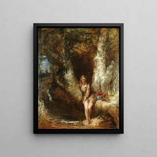 a girl sitting in front of a wooded pool - Alfred Joseph Woolmer — framed artwork on a wall