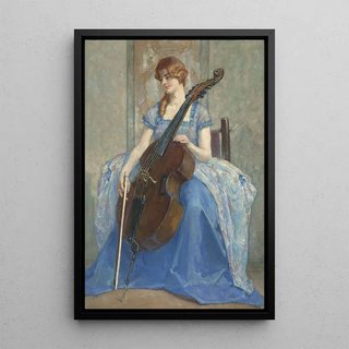 Francesca, the artist's daughter, and her viola da gamba - Alfred Palmer — framed artwork on a wall