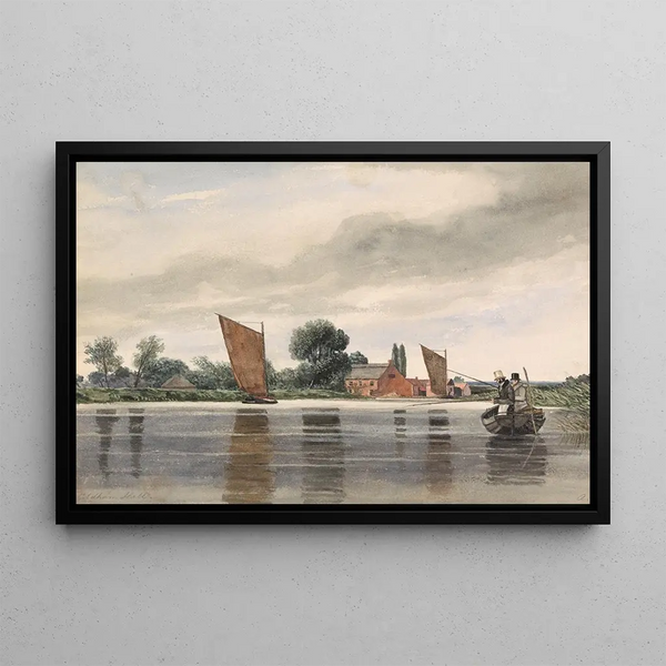 Coldham Hall Painting with H Priest and C Turner fishing 1835 - Alfred Priest — framed artwork on a wall