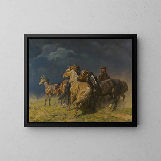 Horses in the storm wind - Alfred Roloff — framed artwork on a wall
