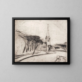 Route with church - Alfred Simonsen — framed artwork on a wall