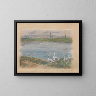 Four Geese by a Pond - Alfred Sisley — framed artwork on a wall