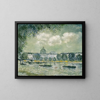 Landscape painting along the Seine with the Institut de France and the Pont des Arts - Alfred Sisley — framed artwork on a wall