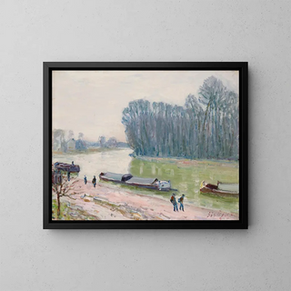 Péniches sur le Loing - Alfred Sisley — framed artwork on a wall