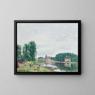 The shipyard at Moret-sur-Loing on a rainy day by Alfred Sisley — framed artwork on a wall