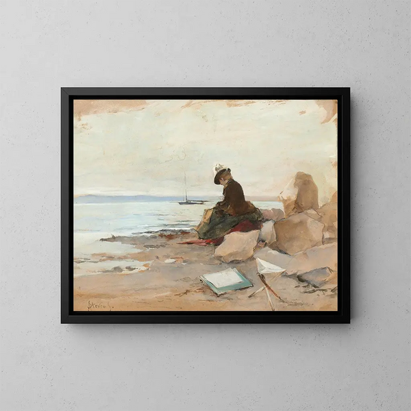 a woman painter by the sea - Alfred Stevens — framed artwork on a wall