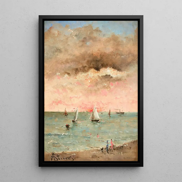 Figures sur la plage au couchant - Alfred Stevens — framed artwork on a wall
