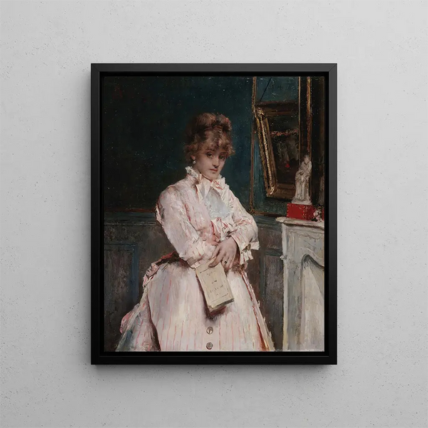 Young woman holding a book - Alfred Stevens — framed artwork on a wall