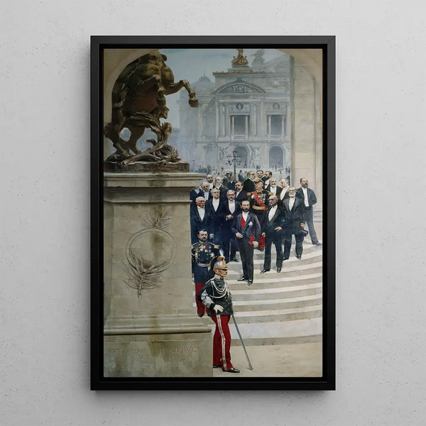 President Sadi Carnot surrounded by personalities of the Third Republic in front of the Opera - Alfred Stevens — framed artwork on a wall