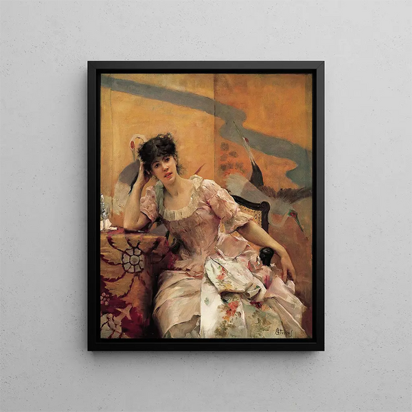 Young woman with a Japanese screen - Alfred Stevens — framed artwork on a wall