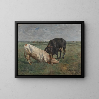 Combat between two young bulls - Alfred Verwee — framed artwork on a wall