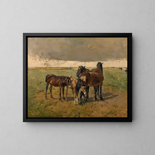 Colts in the paddock - Alfred Verwee — framed artwork on a wall
