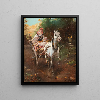 Woman of the countryside on a sulky - Alfred von Wierusz-Kowalski — framed artwork on a wall