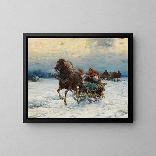 Joyful Sledging Walk - Alfred von Wierusz-Kowalski — framed artwork on a wall