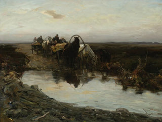 Chariots de paysans devant une flaque d'eau - Alfred von Wierusz-Kowalski — artwork view