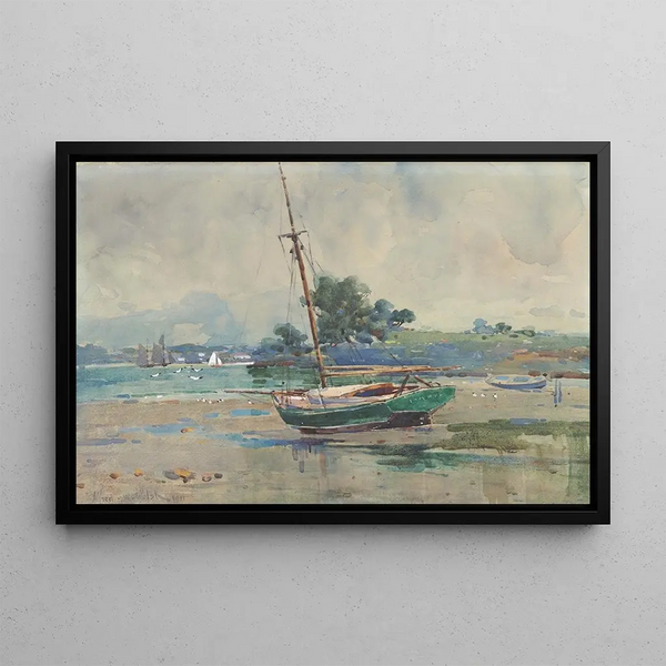 Marine landscape painting with boat - Alfred Walsh — framed artwork on a wall