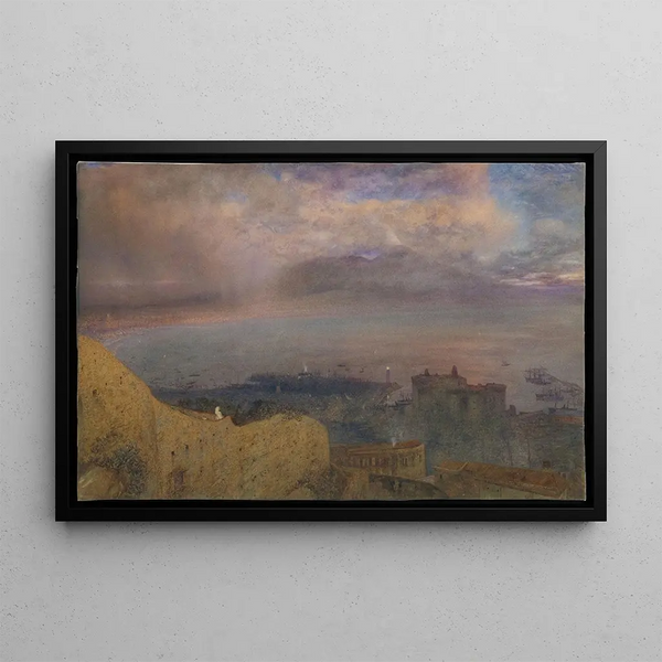 Vue de la baie de Naples avec le Vésuve fumant au loin, soir - Alfred William Hunt — framed artwork on a wall