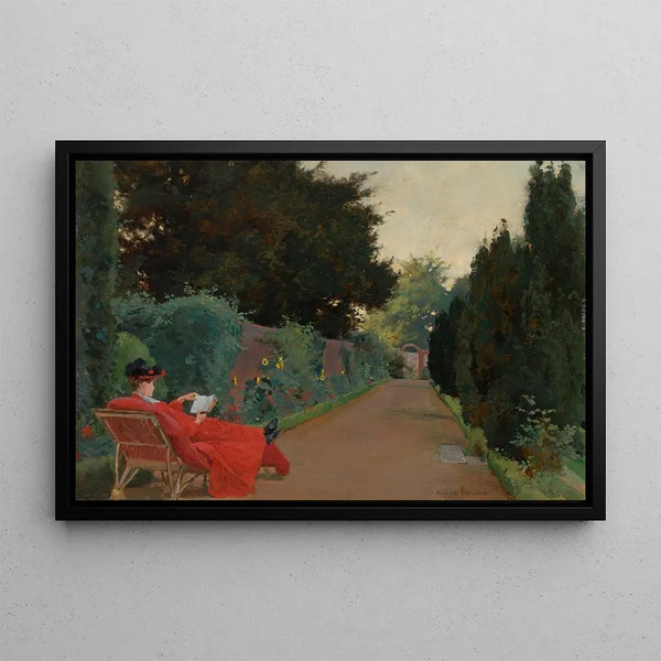 a young woman reading on a garden path - Alfred William Parsons — framed artwork on a wall