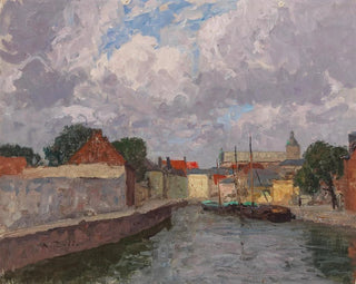 a canal with boats in front of a city - Alfred Zoff — artwork view