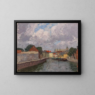 a canal with boats in front of a city - Alfred Zoff — framed artwork on a wall