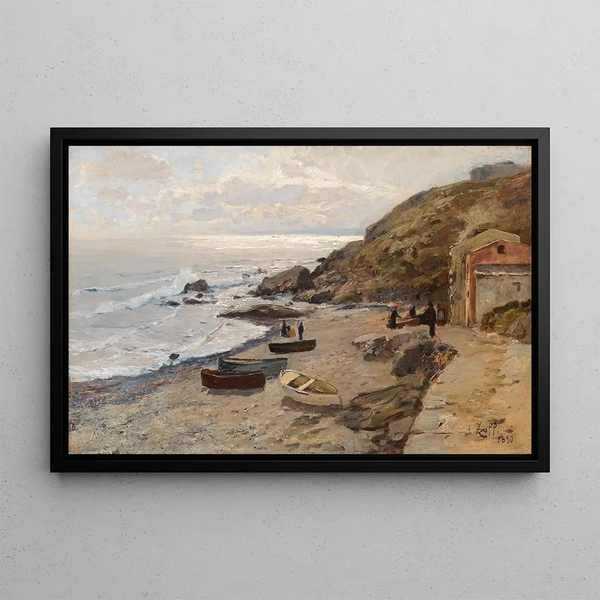 Ambiance du soir avec pêcheurs sur la côte - Alfred Zoff — framed artwork on a wall