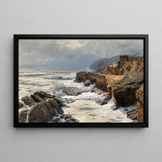 Riviera painting, crashing waves at Boccadasse - Alfred Zoff — framed artwork on a wall