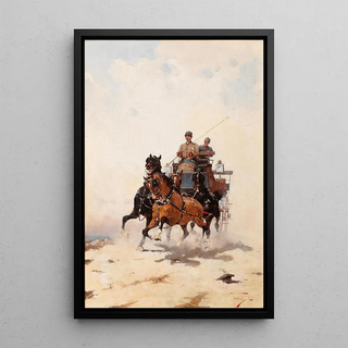 A Journey in a Wild Stagecoach - Alfredo Tominz — framed artwork on a wall