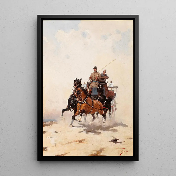 A Journey in a Wild Stagecoach - Alfredo Tominz — framed artwork on a wall