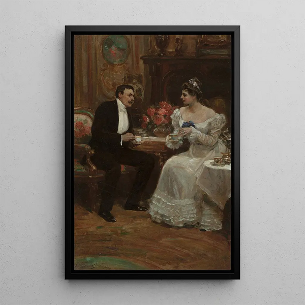 a Couple sitting taking tea - Alice Barber Stephens — framed artwork on a wall