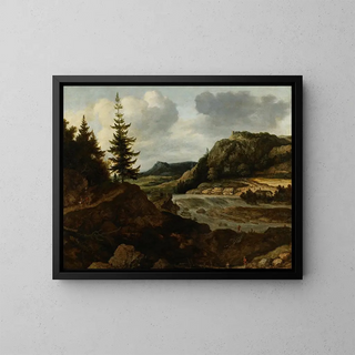 a mountainous river landscape with travelers - Allaert van Everdingen — framed artwork on a wall