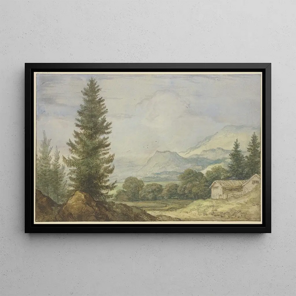 Mountain landscape painting with large fir trees on the left and two cabins on the right - Allaert van Everdingen — framed artwork on a wall