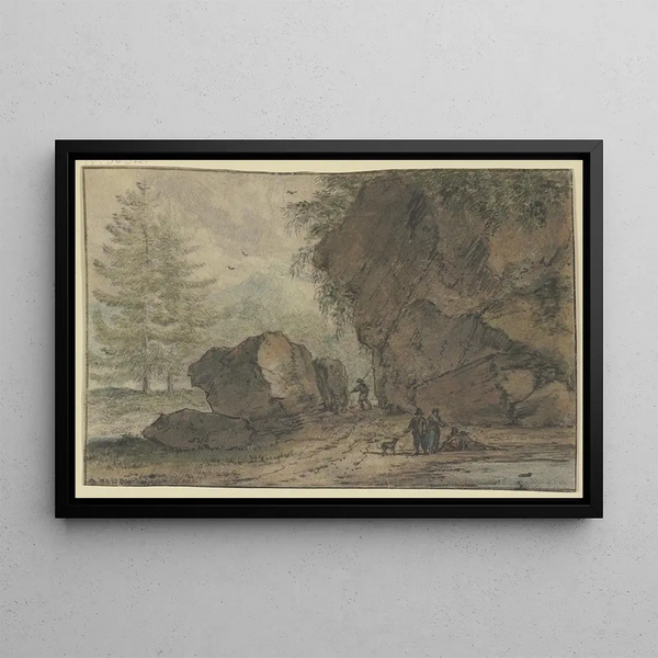 Large Rocky Formation Painting near a Puddle where Several People Stand and Sit - Allaert van Everdingen — framed artwork on a wall